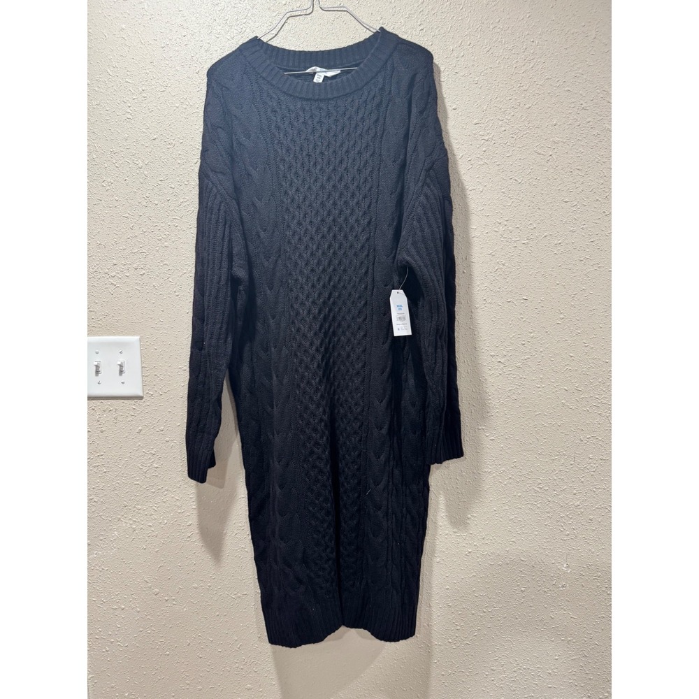 Time and Tru Black Cable Knit Sweater Dress Plus Size XXXL Crew Neck Long Sleeve